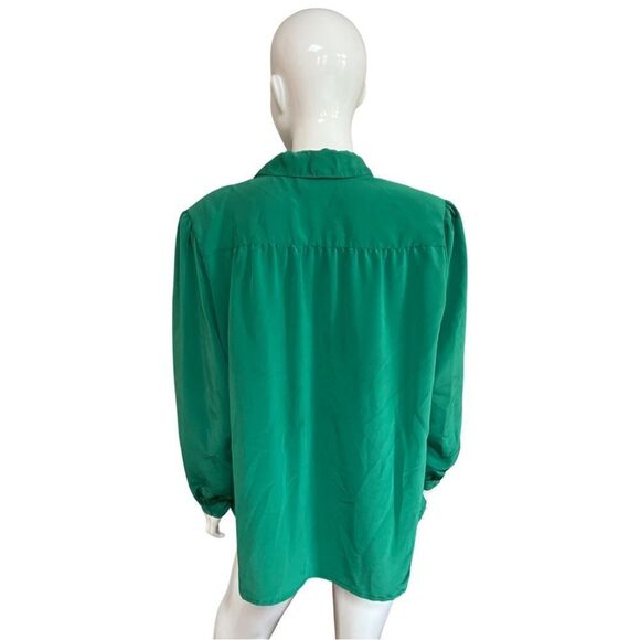 Vintage 80s Kelly Green Accordian Pleat Button Down Dress Blouse - Picture 4 of 6